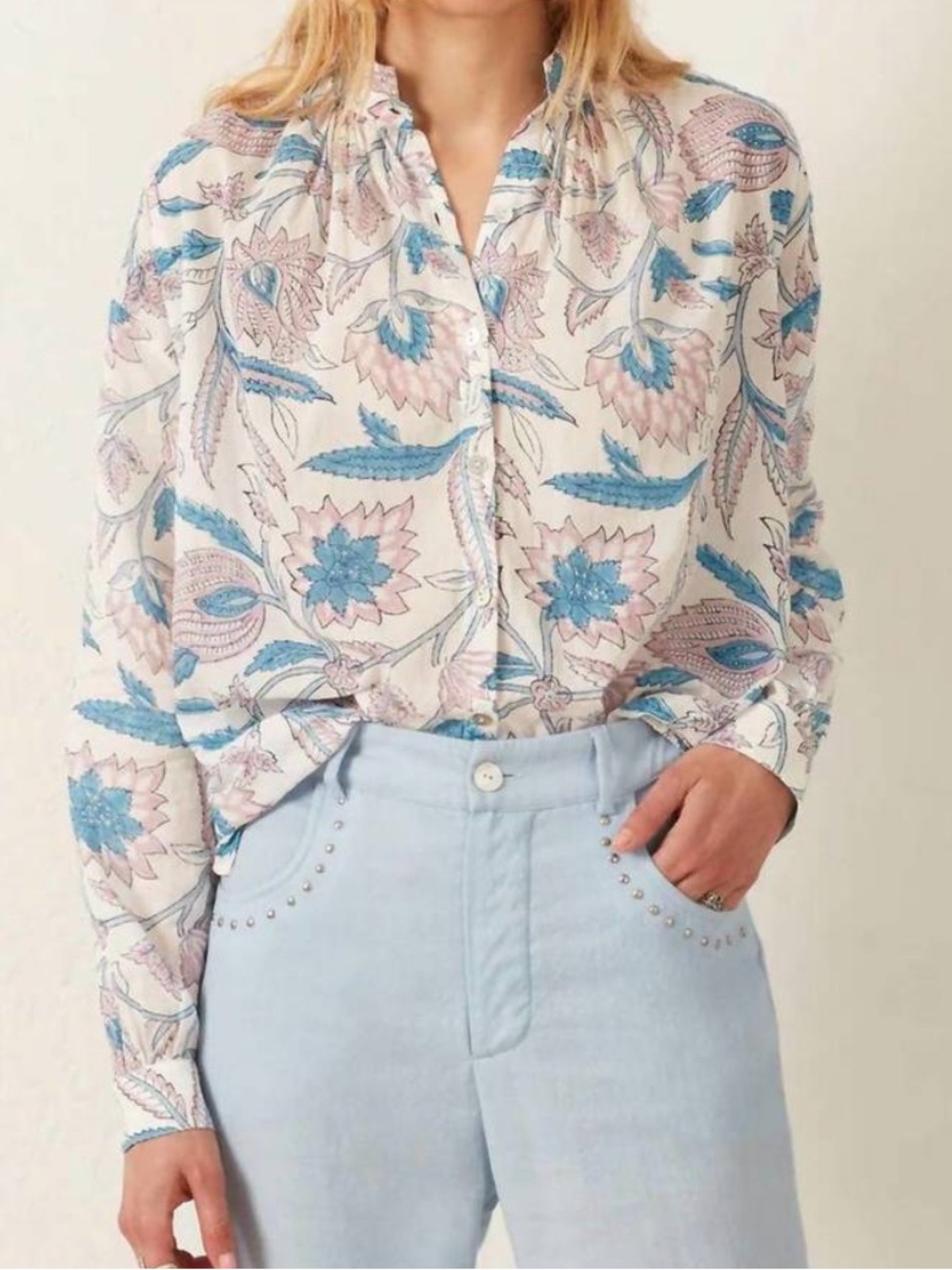 Alix Of Bohemia KIKI VALENTINE Blouse White Pink Blue Boho Print Shirt Top XS